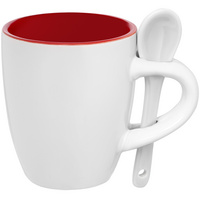 Кофейная кружка Pairy с ложкой, красная с белой купить с нанесением логотипа оптом на заказ в интернет-магазине Санкт-Петербург