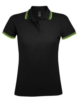 Рубашка поло женская PASADENA WOMEN 200 с контрастной отделкой, черная с зеленым купить с нанесением логотипа оптом на заказ в интернет-магазине Санкт-Петербург