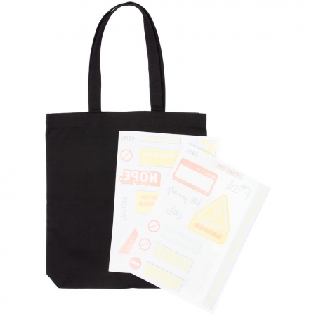 Холщовая сумка с термонаклейками Cautions, черная купить с нанесением логотипа оптом на заказ в интернет-магазине Санкт-Петербург
