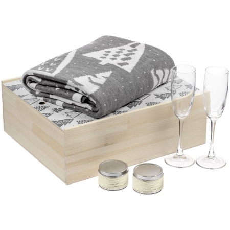 Набор с пледом и бокалами для шампанского «Снежность», ваниль купить с нанесением логотипа оптом на заказ в интернет-магазине Санкт-Петербург