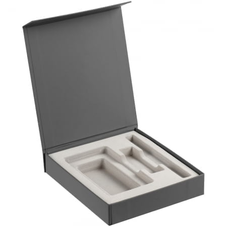 Коробка Latern для аккумулятора 5000 мАч, флешки и ручки, серая купить с нанесением логотипа оптом на заказ в интернет-магазине Санкт-Петербург