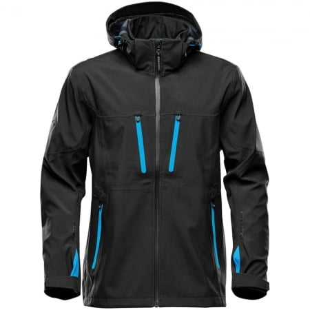 Куртка софтшелл мужская Patrol, черная с синим купить с нанесением логотипа оптом на заказ в интернет-магазине Санкт-Петербург