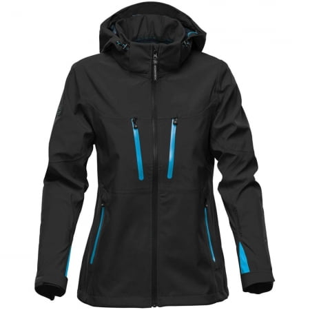 Куртка софтшелл женская Patrol, черная с синим купить с нанесением логотипа оптом на заказ в интернет-магазине Санкт-Петербург