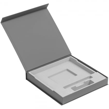 Коробка Memoria под ежедневник, аккумулятор и ручку, серая купить с нанесением логотипа оптом на заказ в интернет-магазине Санкт-Петербург