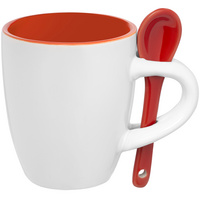 Кофейная кружка Pairy с ложкой, оранжевая с красной купить с нанесением логотипа оптом на заказ в интернет-магазине Санкт-Петербург