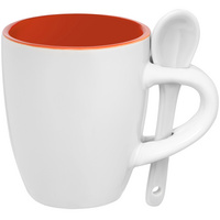 Кофейная кружка Pairy с ложкой, оранжевая с белой купить с нанесением логотипа оптом на заказ в интернет-магазине Санкт-Петербург