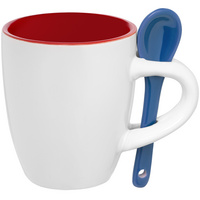 Кофейная кружка Pairy с ложкой, красная с синей купить с нанесением логотипа оптом на заказ в интернет-магазине Санкт-Петербург