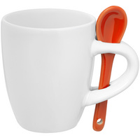 Кофейная кружка Pairy с ложкой, белая с оранжевой купить с нанесением логотипа оптом на заказ в интернет-магазине Санкт-Петербург