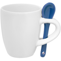 Кофейная кружка Pairy с ложкой, белая с синей купить с нанесением логотипа оптом на заказ в интернет-магазине Санкт-Петербург