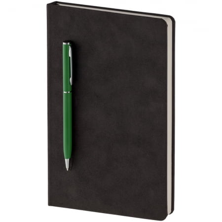 Блокнот Magnet с ручкой, черно-зеленый купить с нанесением логотипа оптом на заказ в интернет-магазине Санкт-Петербург