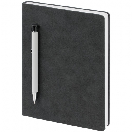 Ежедневник Magnet с ручкой, серый с белым купить с нанесением логотипа оптом на заказ в интернет-магазине Санкт-Петербург