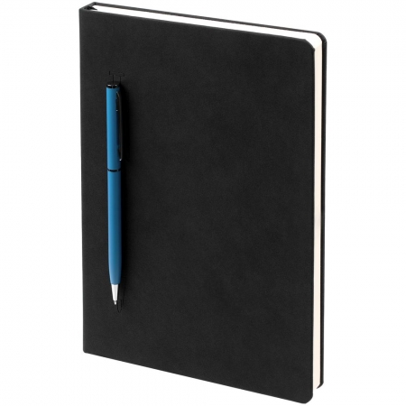 Ежедневник Magnet Chrome с ручкой, черный c голубым купить с нанесением логотипа оптом на заказ в интернет-магазине Санкт-Петербург