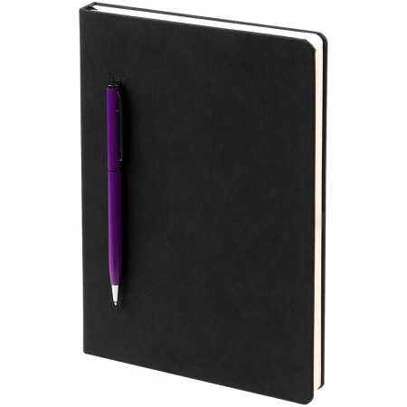 Ежедневник Magnet Chrome с ручкой, черный c фиолетовым купить с нанесением логотипа оптом на заказ в интернет-магазине Санкт-Петербург