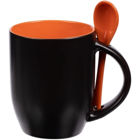 Кружка-хамелеон Melty с ложкой, черная с оранжевым купить с нанесением логотипа оптом на заказ в интернет-магазине Санкт-Петербург