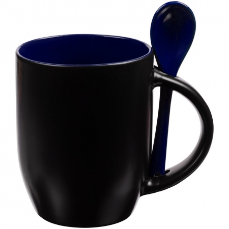 Кружка-хамелеон Melty с ложкой, черная с синим купить с нанесением логотипа оптом на заказ в интернет-магазине Санкт-Петербург