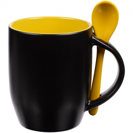 Кружка-хамелеон Melty с ложкой, черная с желтым купить с нанесением логотипа оптом на заказ в интернет-магазине Санкт-Петербург