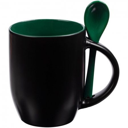 Кружка-хамелеон Melty с ложкой, черная с зеленым купить с нанесением логотипа оптом на заказ в интернет-магазине Санкт-Петербург