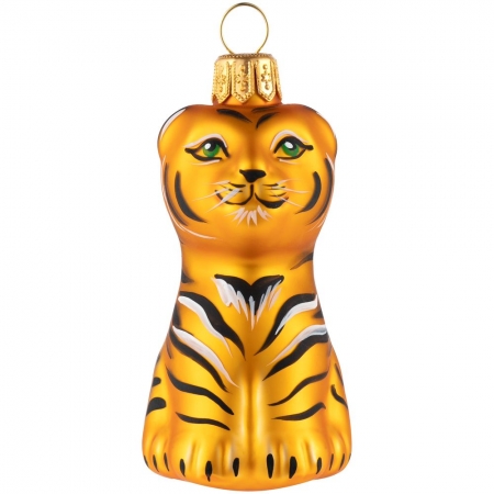 Елочная игрушка «Бенгальский тигр» в коробке, золотистая с росписью купить с нанесением логотипа оптом на заказ в интернет-магазине Санкт-Петербург