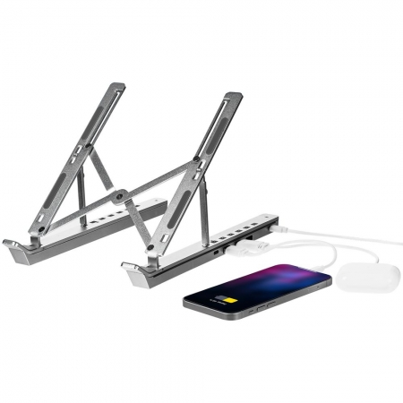 Подставка для ноутбука с USB-хабом Scaffold Hub, серебристый металлик купить с нанесением логотипа оптом на заказ в интернет-магазине Санкт-Петербург
