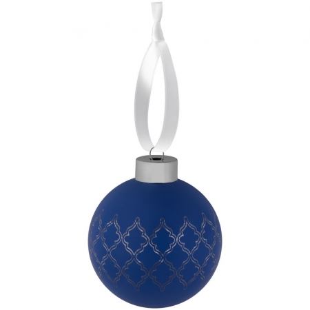 Елочный шар King с лентой, 8 см, синий купить с нанесением логотипа оптом на заказ в интернет-магазине Санкт-Петербург