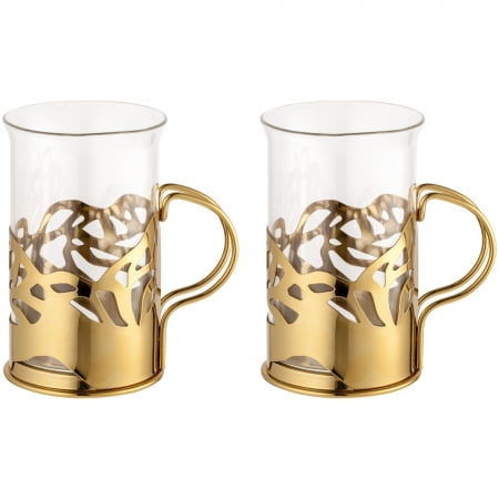 Набор стаканов в подстаканниках Cite, золотистый купить с нанесением логотипа оптом на заказ в интернет-магазине Санкт-Петербург
