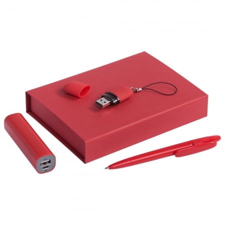 Набор Bond: аккумулятор, флешка и ручка, красный купить с нанесением логотипа оптом на заказ в интернет-магазине Санкт-Петербург