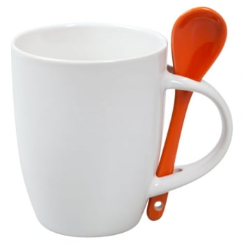 Кружка с ложкой, белая с оранжевой купить с нанесением логотипа оптом на заказ в интернет-магазине Санкт-Петербург
