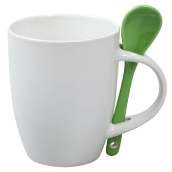 Кружка с ложкой, белая с зеленой купить с нанесением логотипа оптом на заказ в интернет-магазине Санкт-Петербург