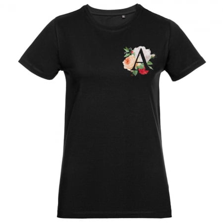 Футболка женская «Цветочная азбука: А», черная купить с нанесением логотипа оптом на заказ в интернет-магазине Санкт-Петербург