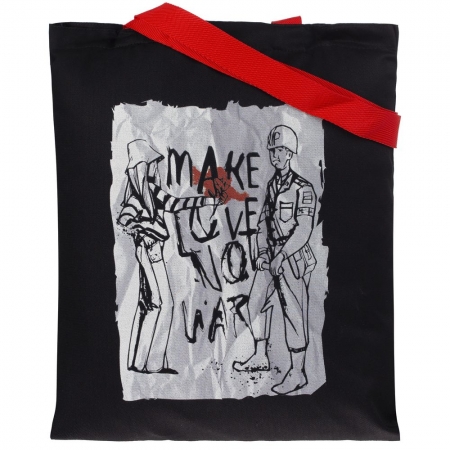 Холщовая сумка Make Love, ver.2, черная с красными ручками купить с нанесением логотипа оптом на заказ в интернет-магазине Санкт-Петербург