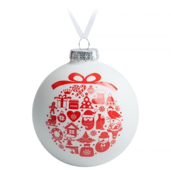 Елочный шар «Новогодний коллаж», 10 см, белый с красным купить с нанесением логотипа оптом на заказ в интернет-магазине Санкт-Петербург