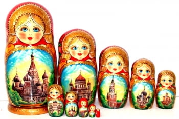 Матрешка Москва 10 мест 25 см купить оптом в Санкт-Петербурге и Москве